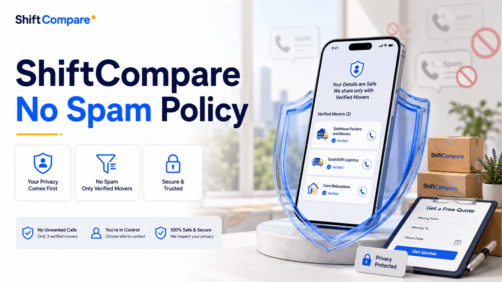 ShiftCompare no spam policy for sharing customer moving enquiries with limited verified movers
